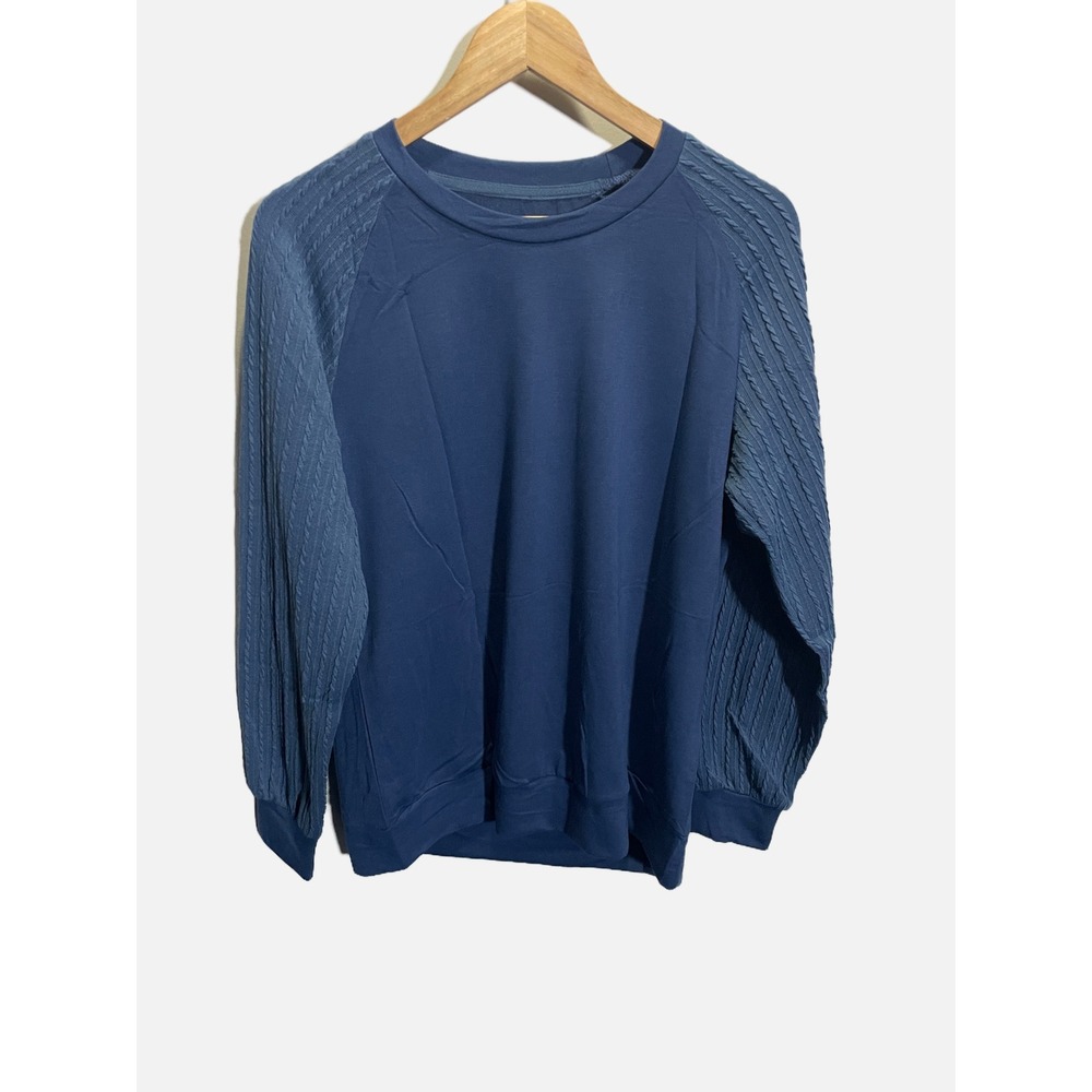 Womens Navy Blue Cable Knit Raglan Sleeve Crewneck Sweatshirt Size Medium - Picture 3 of 4